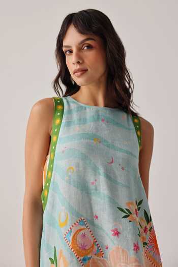 Buy_NOIB_Blue Linen Tassels Round Neck Harper Hand Embroidered Dress _Online_at_Aza_Fashions