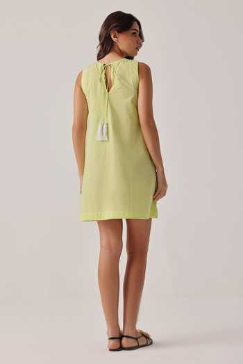 Shop_NOIB_Yellow Poplin Embroidery, Tassels Round Neck Harper Hand Dress _at_Aza_Fashions