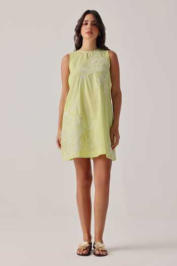 Buy_NOIB_Yellow Poplin Embroidery, Tassels Round Neck Harper Hand Dress _at_Aza_Fashions