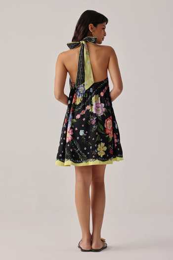 Shop_NOIB_Black Linen, Viscose Halter Neck Hazel Floral Print Dress _at_Aza_Fashions