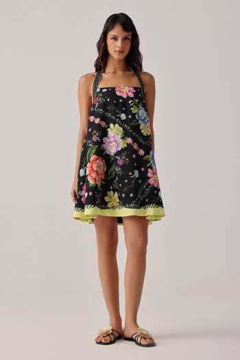 Buy_NOIB_Black Linen, Viscose Halter Neck Hazel Floral Print Dress _at_Aza_Fashions