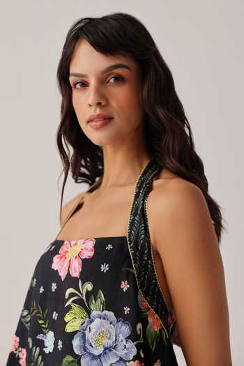NOIB_Black Linen, Viscose Halter Neck Hazel Floral Print Dress _Online_at_Aza_Fashions