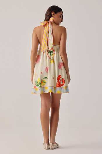 Shop_NOIB_Multi Color Linen, Viscose Halter Neck Hazel Printed Dress _at_Aza_Fashions