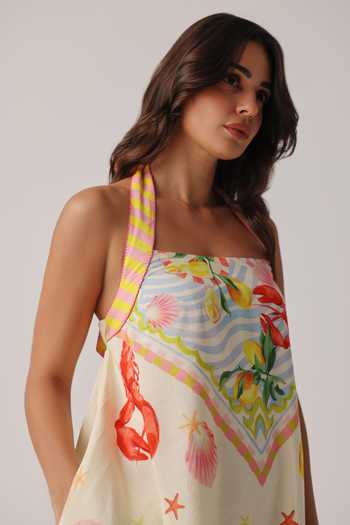 Buy_NOIB_Multi Color Linen, Viscose Halter Neck Hazel Printed Dress _at_Aza_Fashions