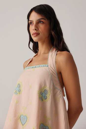 Shop_NOIB_Peach Poplin Embroidery Halter Neck Hazel Hand Dress _at_Aza_Fashions