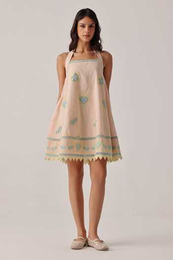 Buy_NOIB_Peach Poplin Embroidery Halter Neck Hazel Hand Dress _at_Aza_Fashions