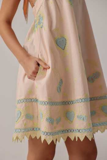 NOIB_Peach Poplin Embroidery Halter Neck Hazel Hand Dress _Online_at_Aza_Fashions