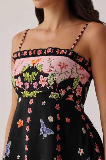 NOIB_Black Linen, Viscose Square Neck Nora Printed Dress _Online_at_Aza_Fashions