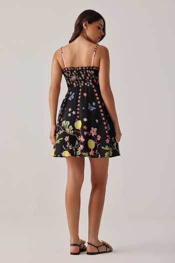 Shop_NOIB_Black Linen, Viscose Square Neck Nora Printed Dress _at_Aza_Fashions