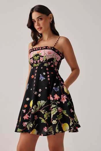 Buy_NOIB_Black Linen, Viscose Square Neck Nora Printed Dress _Online_at_Aza_Fashions