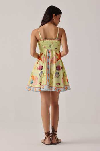 Shop_NOIB_Multi Color Cotton Satin Square Neck Nora Placement Print Dress _at_Aza_Fashions