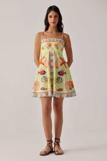 Buy_NOIB_Multi Color Cotton Satin Square Neck Nora Placement Print Dress _at_Aza_Fashions