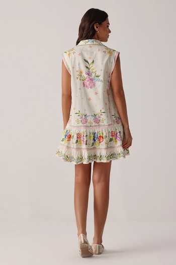 Shop_NOIB_Multi Color Cotton Satin Tassels Collared Vega Floral Print Dress And Belt Set _at_Aza_Fashions