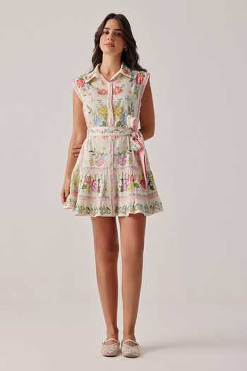 Buy_NOIB_Multi Color Cotton Satin Tassels Collared Vega Floral Print Dress And Belt Set _at_Aza_Fashions
