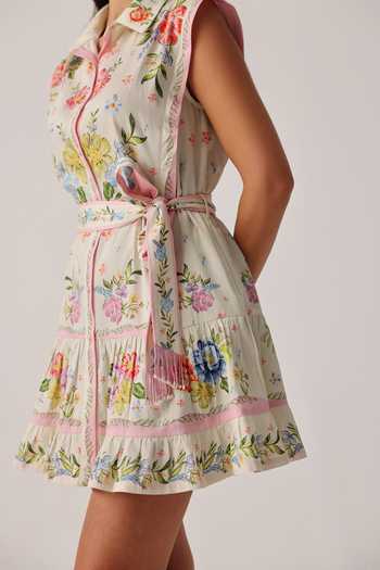 Buy_NOIB_Multi Color Cotton Satin Tassels Collared Vega Floral Print Dress And Belt Set _Online_at_Aza_Fashions