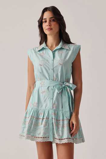 NOIB_Blue Poplin Embroidery, Tassels Collared Vega Hand Dress And Belt Set _Online_at_Aza_Fashions