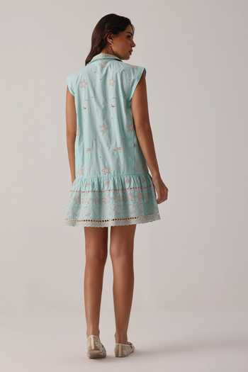 Shop_NOIB_Blue Poplin Embroidery, Tassels Collared Vega Hand Dress And Belt Set _at_Aza_Fashions