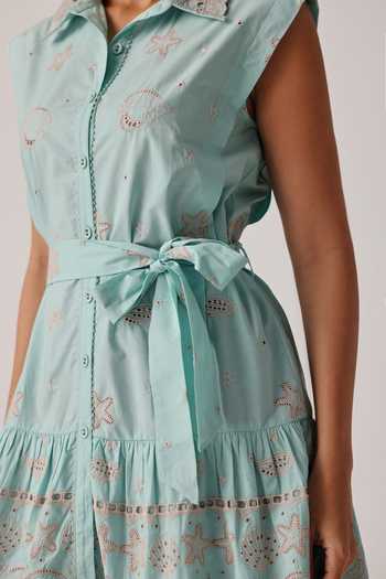 Buy_NOIB_Blue Poplin Embroidery, Tassels Collared Vega Hand Dress And Belt Set _Online_at_Aza_Fashions