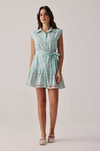 Buy_NOIB_Blue Poplin Embroidery, Tassels Collared Vega Hand Dress And Belt Set _at_Aza_Fashions