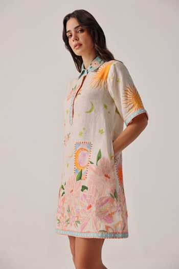 NOIB_Ivory Linen Embroidery Collared Amara Placement Print Dress _Online_at_Aza_Fashions
