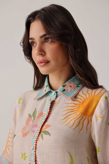 Buy_NOIB_Ivory Linen Embroidery Collared Amara Placement Print Dress _Online_at_Aza_Fashions
