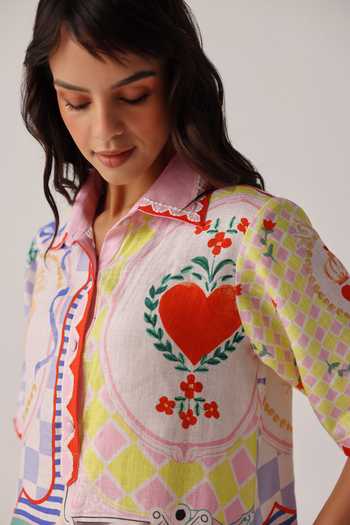 NOIB_Ivory Linen Embroidery Collared Amara Placement Print Dress _Online_at_Aza_Fashions