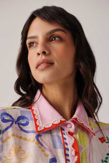 Buy_NOIB_Ivory Linen Embroidery Collared Amara Placement Print Dress _Online_at_Aza_Fashions
