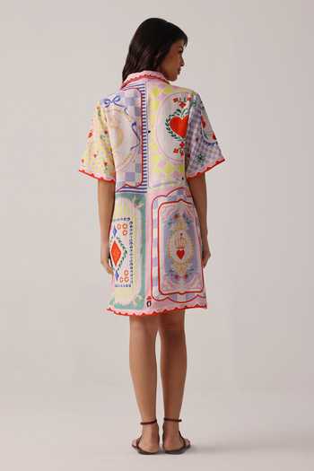 Shop_NOIB_Ivory Linen Embroidery Collared Amara Placement Print Dress _at_Aza_Fashions