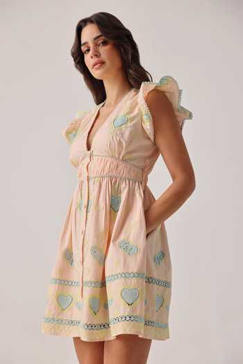 NOIB_Peach Poplin Embroidery V-neck Estella Hand Dress _Online_at_Aza_Fashions