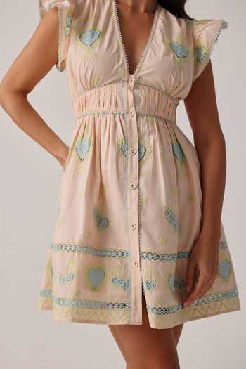 Buy_NOIB_Peach Poplin Embroidery V-neck Estella Hand Dress _Online_at_Aza_Fashions