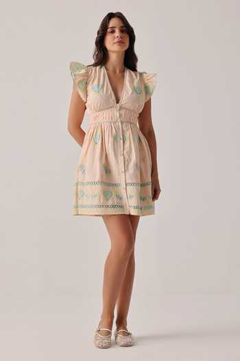Buy_NOIB_Peach Poplin Embroidery V-neck Estella Hand Dress _at_Aza_Fashions