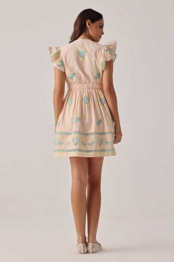 Shop_NOIB_Peach Poplin Embroidery V-neck Estella Hand Dress _at_Aza_Fashions
