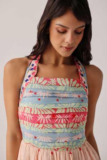 NOIB_Multi Color Linen, Viscose Halter Neck Hazel Placement Print Midi Dress _Online_at_Aza_Fashions
