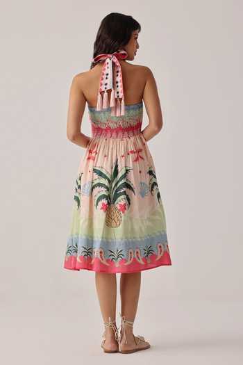 Shop_NOIB_Multi Color Linen, Viscose Halter Neck Hazel Placement Print Midi Dress _at_Aza_Fashions