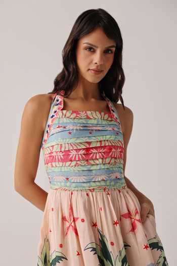Buy_NOIB_Multi Color Linen, Viscose Halter Neck Hazel Placement Print Midi Dress _Online_at_Aza_Fashions