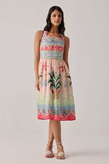 Buy_NOIB_Multi Color Linen, Viscose Halter Neck Hazel Placement Print Midi Dress _at_Aza_Fashions