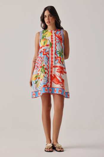 Buy_NOIB_Multi Color Linen, Viscose Halter Neck Hazel Printed Dress _at_Aza_Fashions