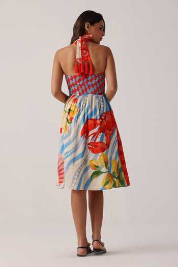 Shop_NOIB_Multi Color Linen, Viscose Halter Neck Hazel Printed Dress _at_Aza_Fashions