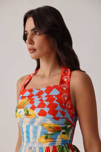 NOIB_Multi Color Linen, Viscose Halter Neck Hazel Printed Dress _Online_at_Aza_Fashions