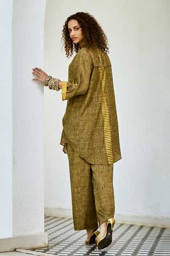 Shop_Basil Leaf_Yellow Linen Mandarin Collar Printed Kurta And Pant Set _at_Aza_Fashions