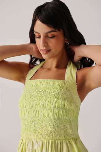 NOIB_Green Poplin Embroidery Halter Neck Hand Dress _Online_at_Aza_Fashions
