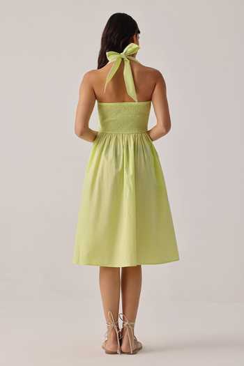 Shop_NOIB_Green Poplin Embroidery Halter Neck Hand Dress _at_Aza_Fashions