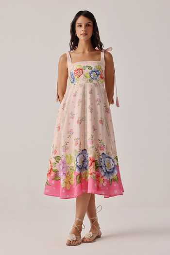 NOIB_Pink Linen, Viscose Tassels, Smocking Square Neck Nora Floral Print Dress _Online_at_Aza_Fashions