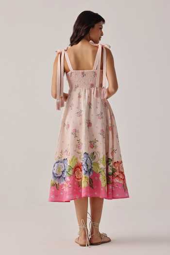 Shop_NOIB_Pink Linen, Viscose Tassels, Smocking Square Neck Nora Floral Print Dress _at_Aza_Fashions