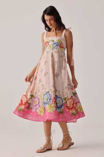 Buy_NOIB_Pink Linen, Viscose Tassels, Smocking Square Neck Nora Floral Print Dress _at_Aza_Fashions