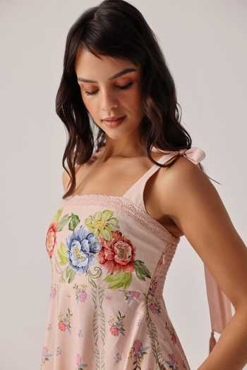 Buy_NOIB_Pink Linen, Viscose Tassels, Smocking Square Neck Nora Floral Print Dress _Online_at_Aza_Fashions