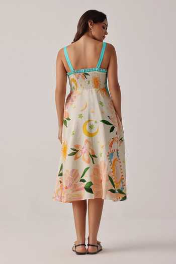 Shop_NOIB_Ivory Linen, Viscose Square Neck Nora Placement Printed Midi Dress _at_Aza_Fashions