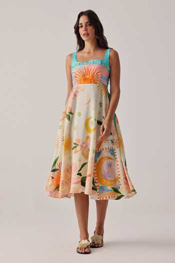 Buy_NOIB_Ivory Linen, Viscose Square Neck Nora Placement Printed Midi Dress _at_Aza_Fashions