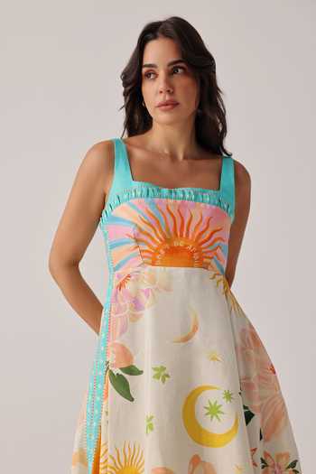 NOIB_Ivory Linen, Viscose Square Neck Nora Placement Printed Midi Dress _Online_at_Aza_Fashions