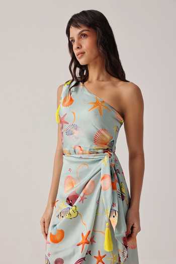 NOIB_Blue Satin, Modal One Shoulder Isla Placement Print Midi Dress _Online_at_Aza_Fashions